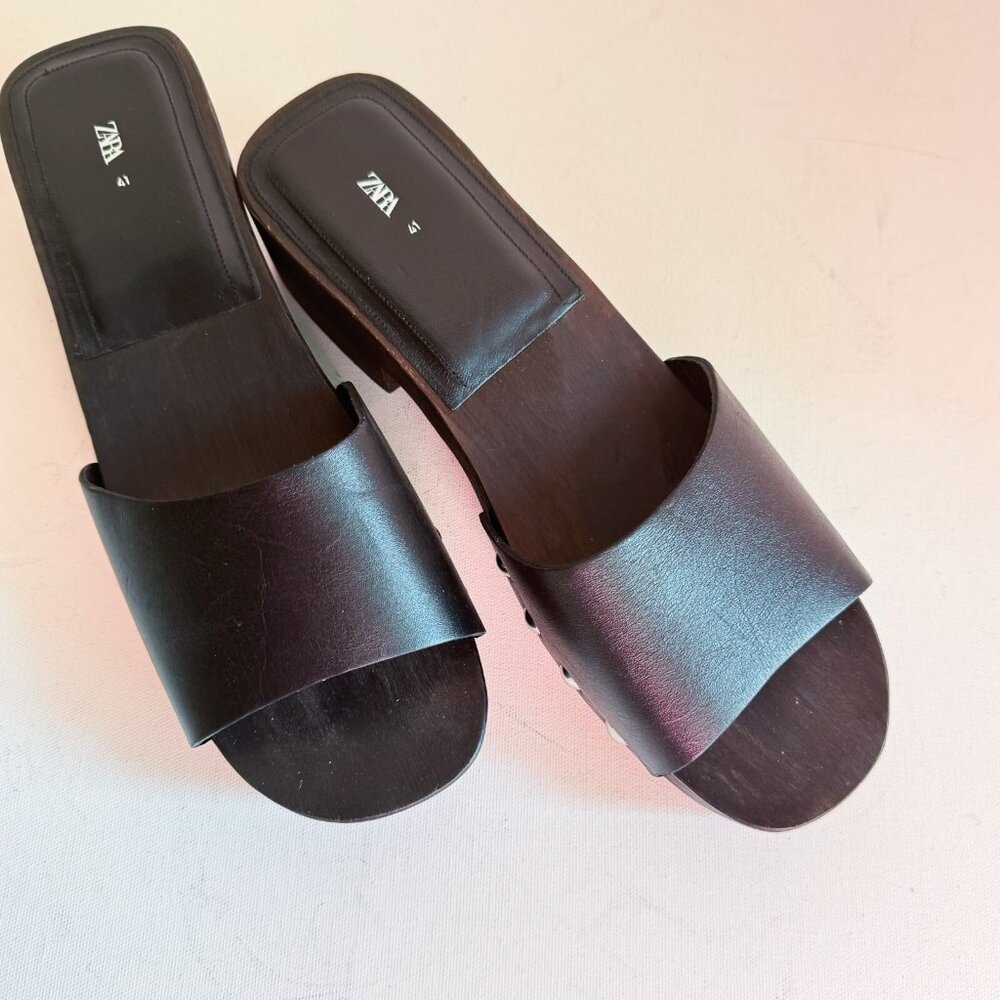Zara Black Leather Classic Simple Wood Sole Clog 41